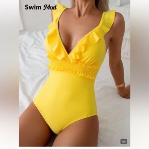Bright Yellow Ruffle One-Piece Swimsuit SHEIN